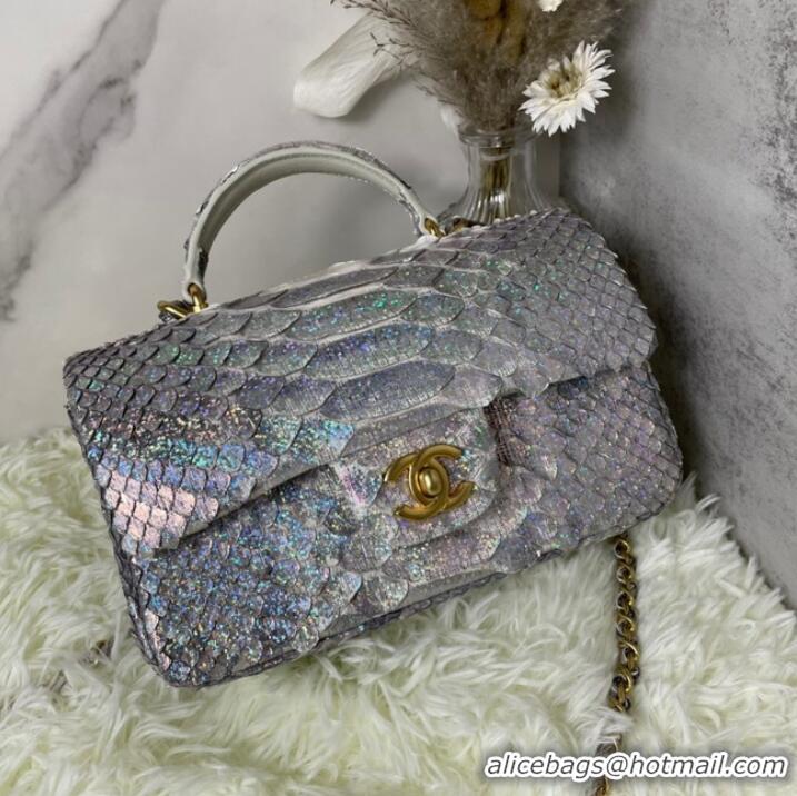 Spot Bulk Chanel Snake skin mini flap bag with top handle AS2431 silver