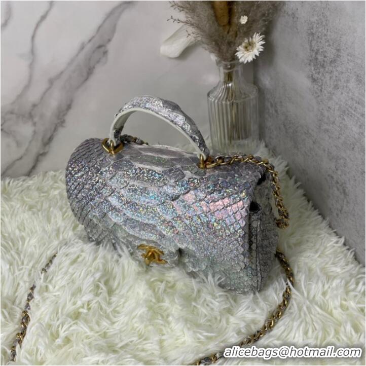 Spot Bulk Chanel Snake skin mini flap bag with top handle AS2431 silver