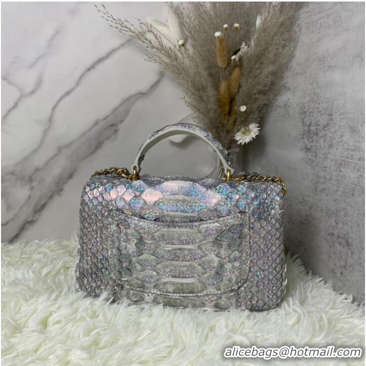 Spot Bulk Chanel Snake skin mini flap bag with top handle AS2431 silver