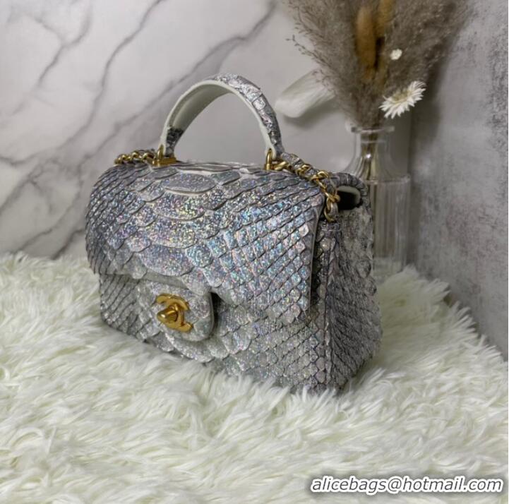 Spot Bulk Chanel Snake skin mini flap bag with top handle AS2431 silver