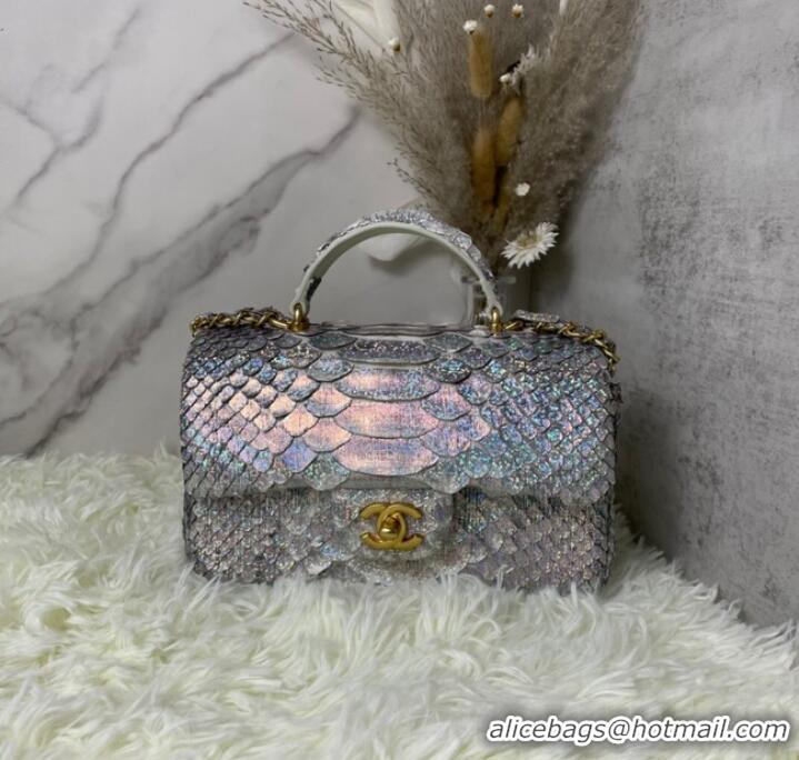 Spot Bulk Chanel Snake skin mini flap bag with top handle AS2431 silver