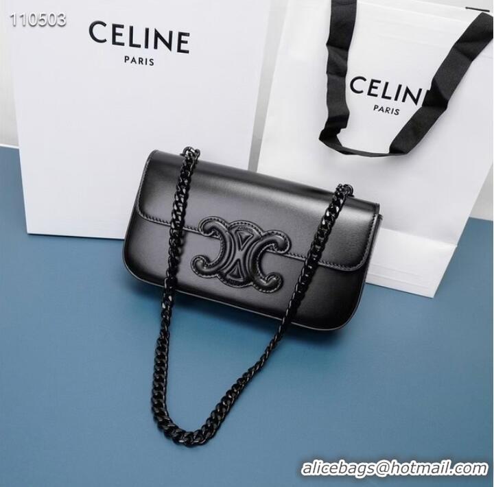 Good Looking Celine CHAIN SHOULDER BAG CUIR TRIOMPHE IN SHINY CALFSKIN 199243 BLACK & BLACK