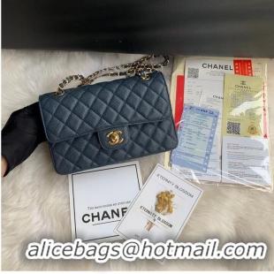 Famous Brand Chanel Flap Shoulder Bag Grained Caviar Leather A01113 Dark Blue Gold