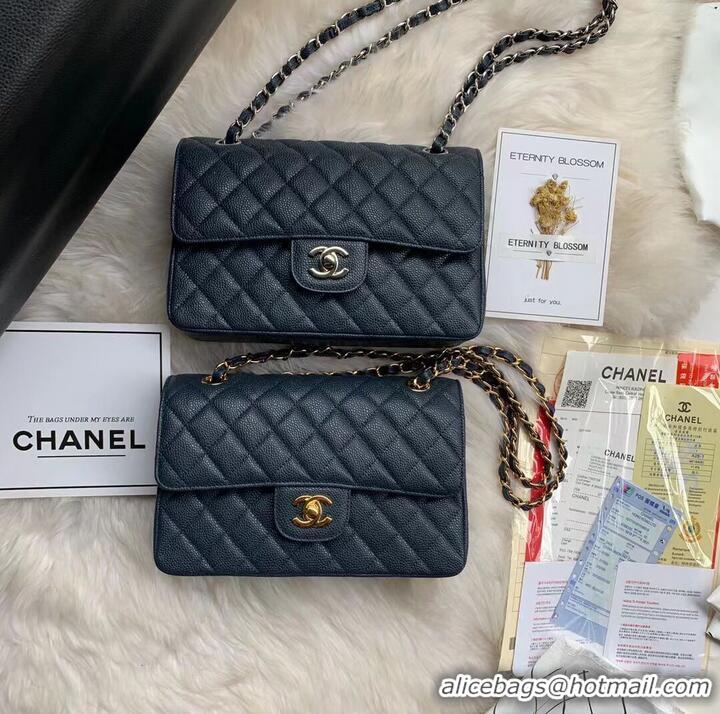 Famous Brand Chanel Flap Shoulder Bag Grained Caviar Leather A01113 Dark Blue Gold