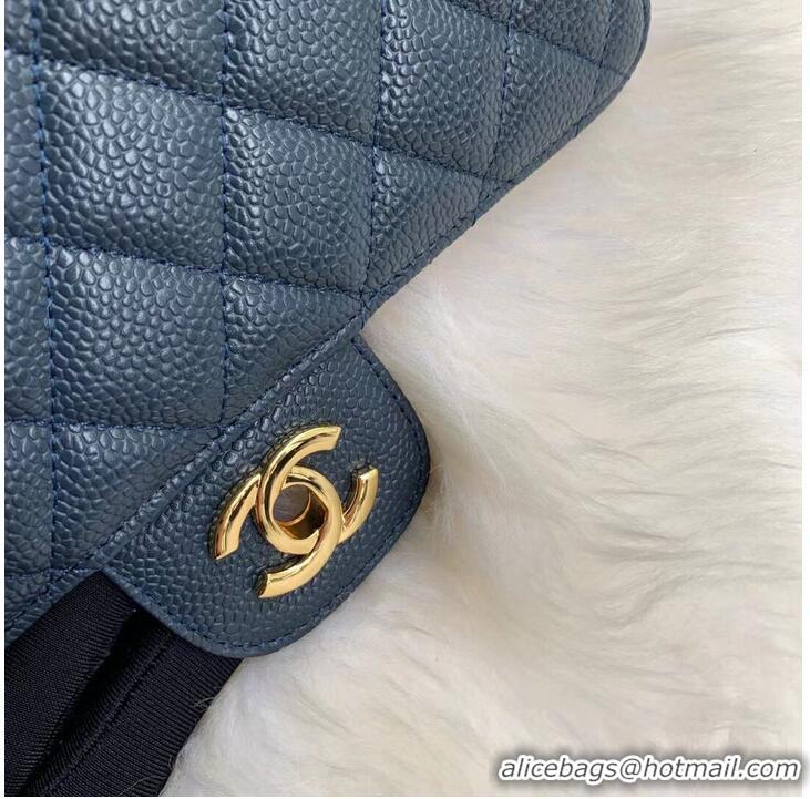 Famous Brand Chanel Flap Shoulder Bag Grained Caviar Leather A01113 Dark Blue Gold