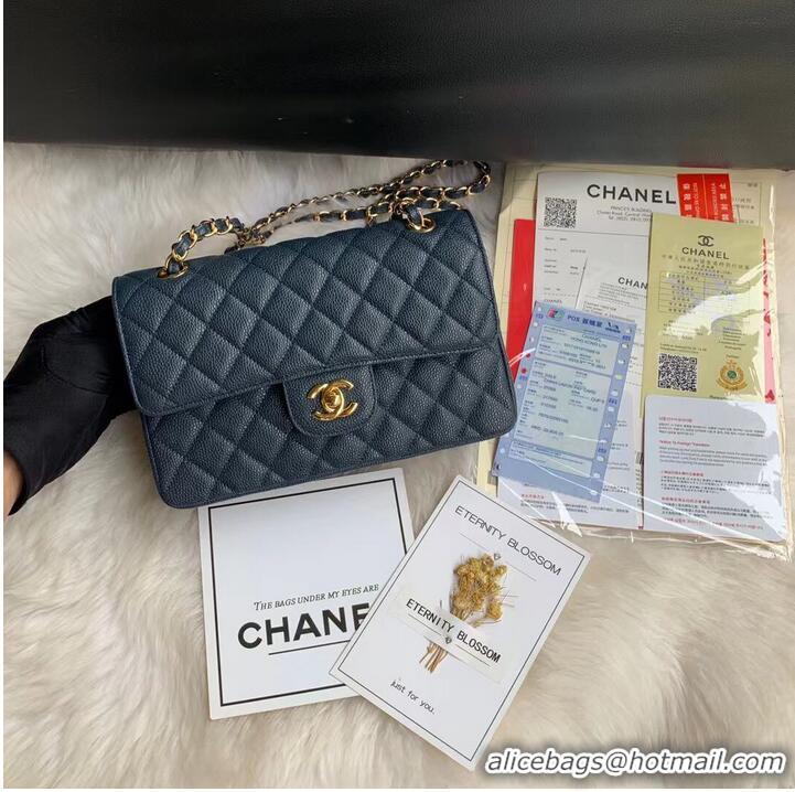 Famous Brand Chanel Flap Shoulder Bag Grained Caviar Leather A01113 Dark Blue Gold