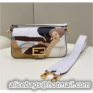 Top Quality Fendi FF glazed fabric bag with inlay Baguette 8BR600A white