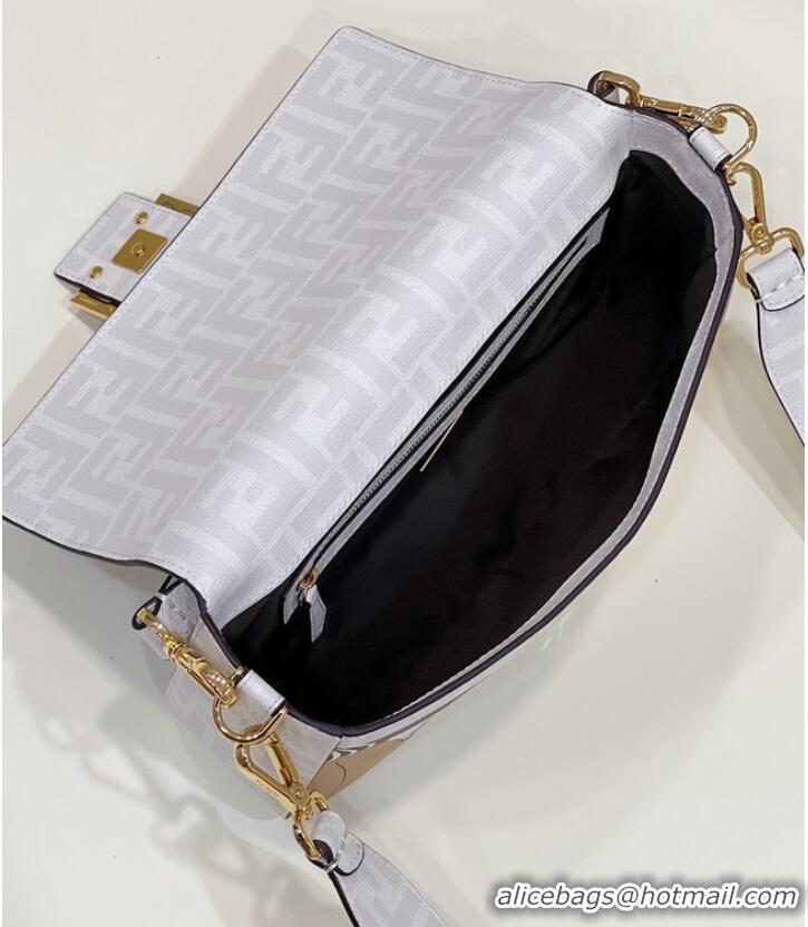 Top Quality Fendi FF glazed fabric bag with inlay Baguette 8BR600A white