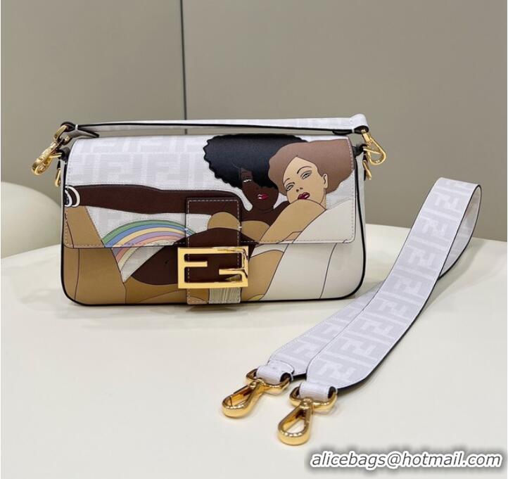 Top Quality Fendi FF glazed fabric bag with inlay Baguette 8BR600A white