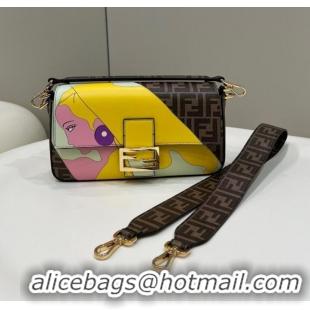 Good Product Fendi FF glazed fabric bag with inlay Baguette 8BR600A brown&yellow