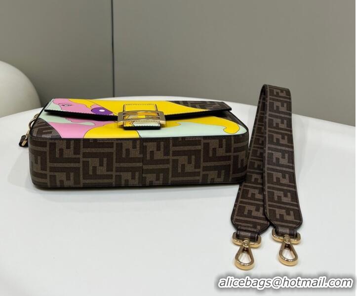 Good Product Fendi FF glazed fabric bag with inlay Baguette 8BR600A brown&yellow