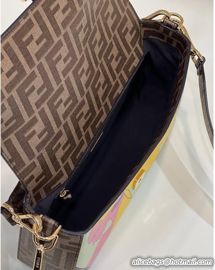 Good Product Fendi FF glazed fabric bag with inlay Baguette 8BR600A brown&yellow