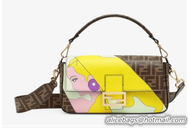 Good Product Fendi FF glazed fabric bag with inlay Baguette 8BR600A brown&yellow