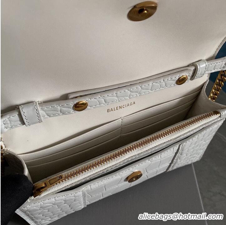 Top Quality Balenciaga HOURGLASS Wallet With Chain Crocodile Embossed 656050 White