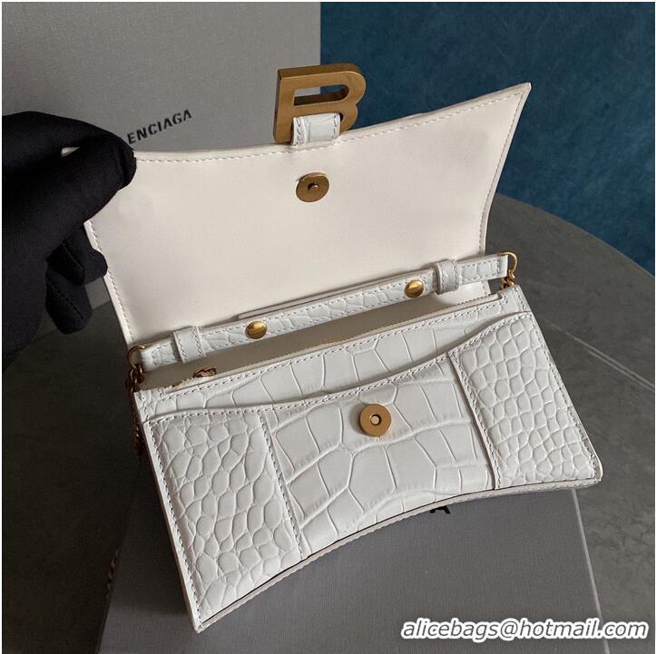 Top Quality Balenciaga HOURGLASS Wallet With Chain Crocodile Embossed 656050 White