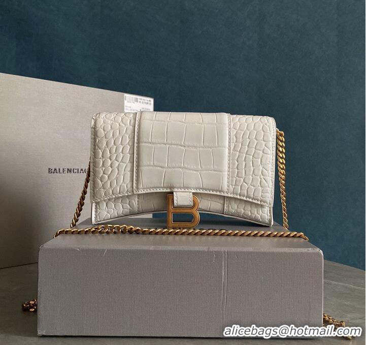 Top Quality Balenciaga HOURGLASS Wallet With Chain Crocodile Embossed 656050 White