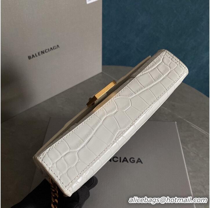 Top Quality Balenciaga HOURGLASS Wallet With Chain Crocodile Embossed 656050 White