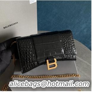 Well Crafted Balenciaga HOURGLASS Wallet With Chain Crocodile Embossed 656050 Black