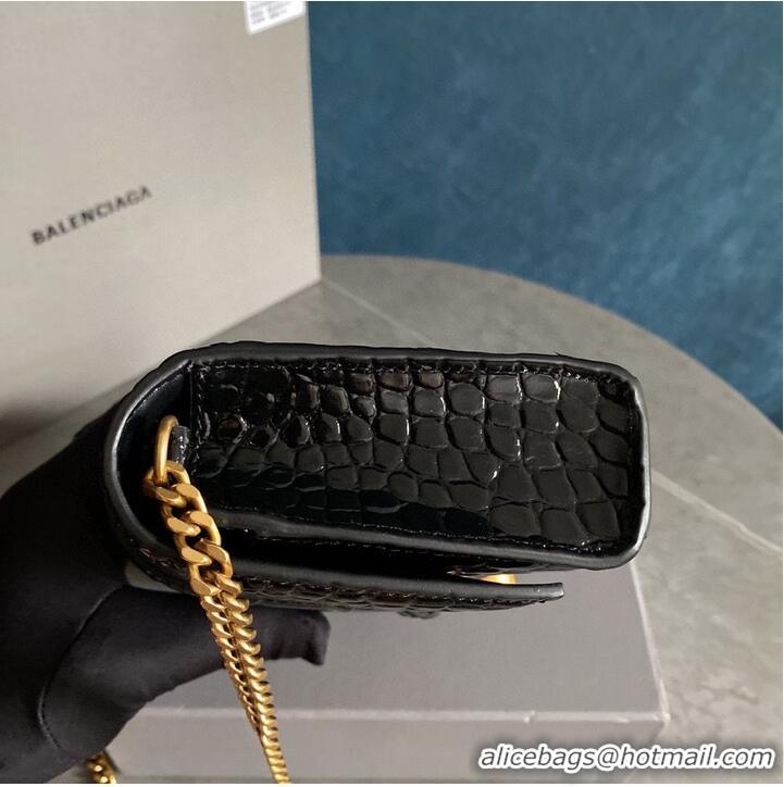 Well Crafted Balenciaga HOURGLASS Wallet With Chain Crocodile Embossed 656050 Black