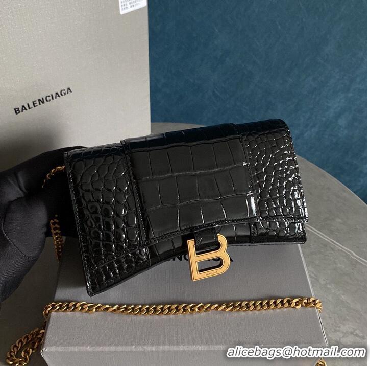 Well Crafted Balenciaga HOURGLASS Wallet With Chain Crocodile Embossed 656050 Black