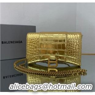 Luxurious Balenciaga HOURGLASS Wallet With Chain Crocodile Embossed 656050 Gold