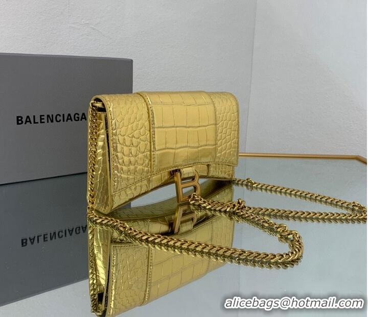 Luxurious Balenciaga HOURGLASS Wallet With Chain Crocodile Embossed 656050 Gold