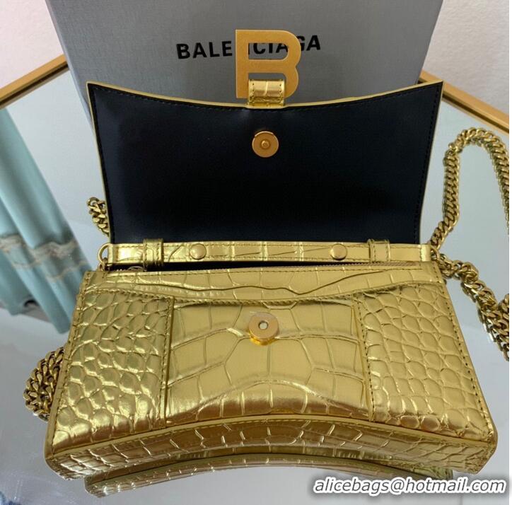 Luxurious Balenciaga HOURGLASS Wallet With Chain Crocodile Embossed 656050 Gold