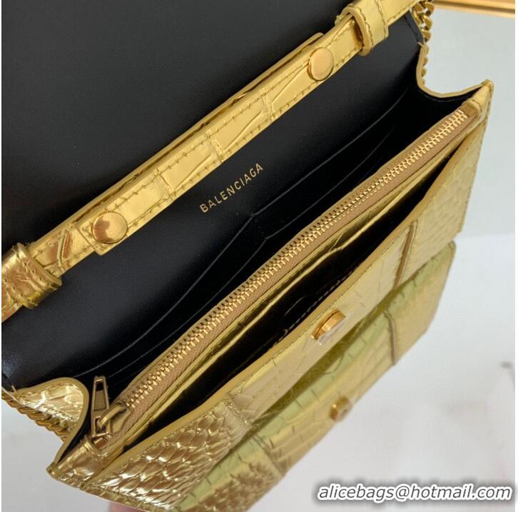 Luxurious Balenciaga HOURGLASS Wallet With Chain Crocodile Embossed 656050 Gold