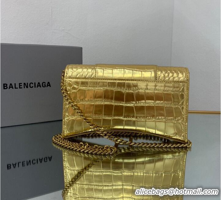 Luxurious Balenciaga HOURGLASS Wallet With Chain Crocodile Embossed 656050 Gold