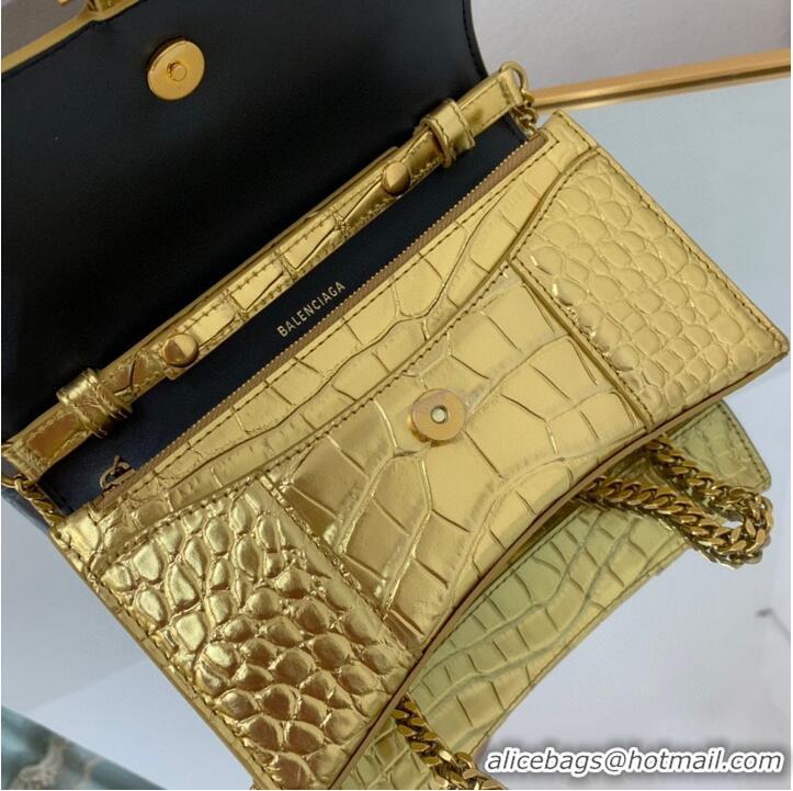 Luxurious Balenciaga HOURGLASS Wallet With Chain Crocodile Embossed 656050 Gold