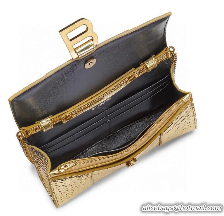 Luxurious Balenciaga HOURGLASS Wallet With Chain Crocodile Embossed 656050 Gold