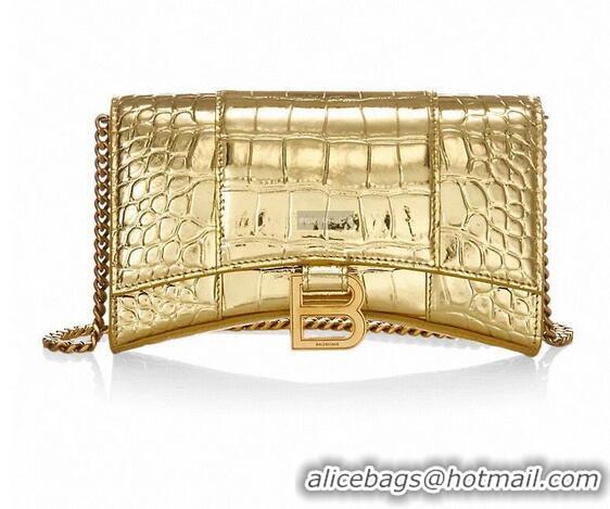 Luxurious Balenciaga HOURGLASS Wallet With Chain Crocodile Embossed 656050 Gold