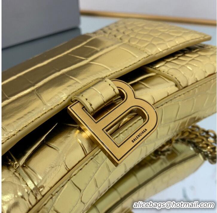 Luxurious Balenciaga HOURGLASS Wallet With Chain Crocodile Embossed 656050 Gold