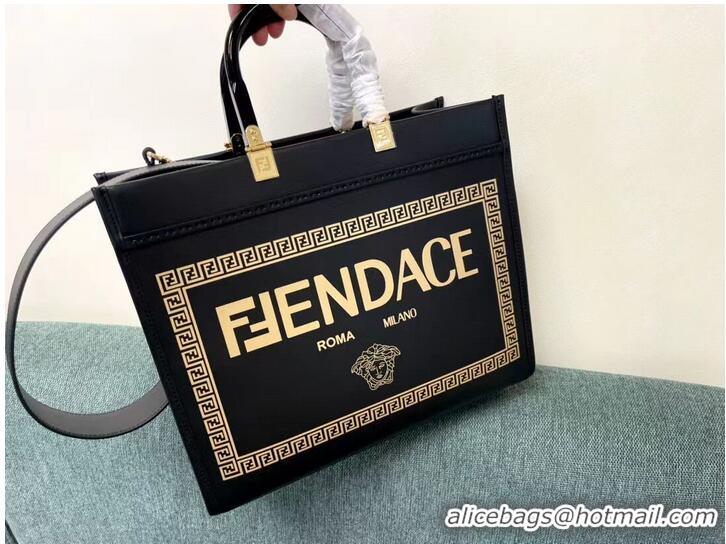 New Style Fendi Sunshine Medium Fendace Printed black leather Logo shopper 8BH386A