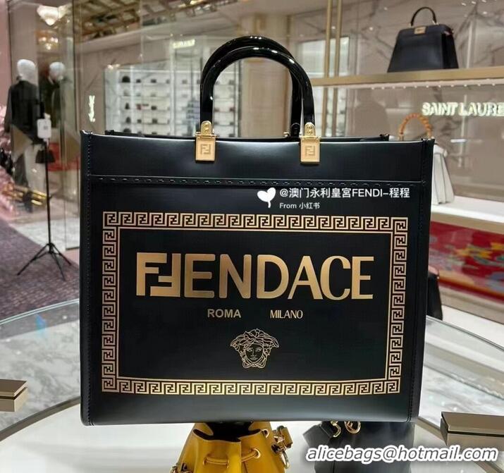 New Style Fendi Sunshine Medium Fendace Printed black leather Logo shopper 8BH386A