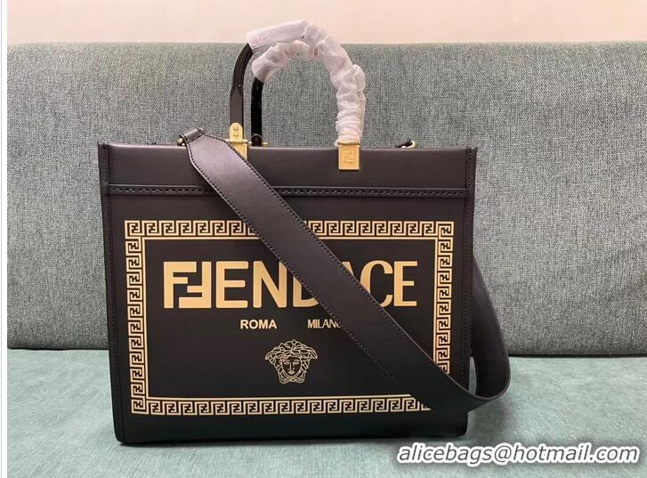 New Style Fendi Sunshine Medium Fendace Printed black leather Logo shopper 8BH386A