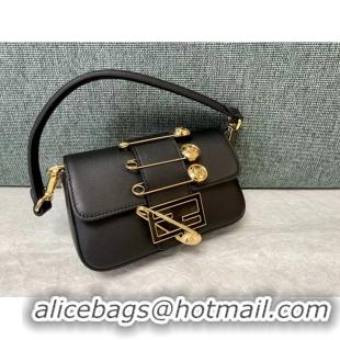 Famous Brand Fendi Brooch mini baguette Fendace leather bag 8BS066A black