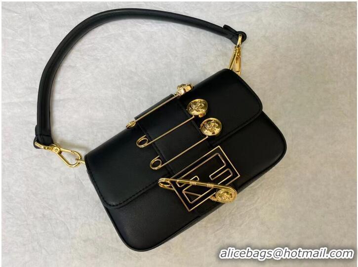 Famous Brand Fendi Brooch mini baguette Fendace leather bag 8BS066A black