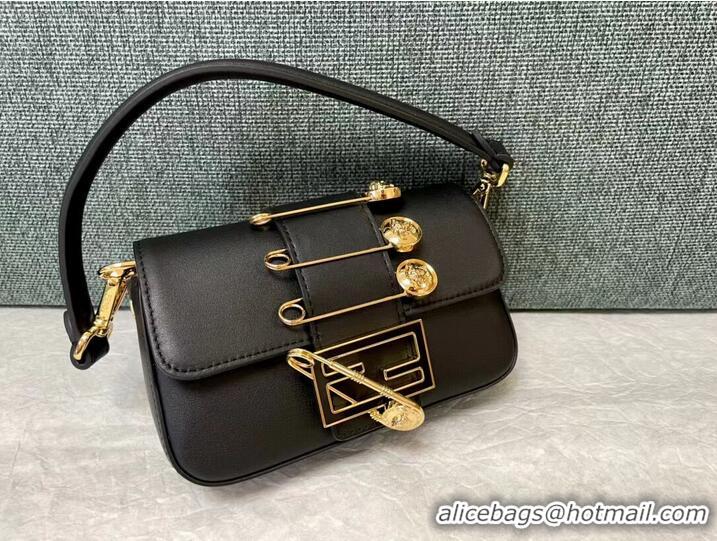 Famous Brand Fendi Brooch mini baguette Fendace leather bag 8BS066A black