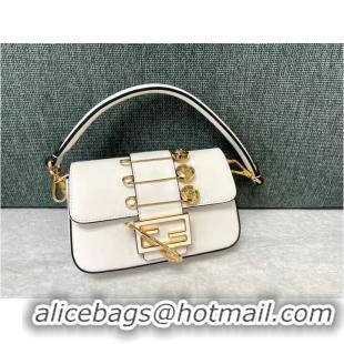 Top Grade Fendi Brooch mini baguette Fendace leather bag 8BS066A white