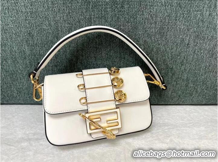 Top Grade Fendi Brooch mini baguette Fendace leather bag 8BS066A white