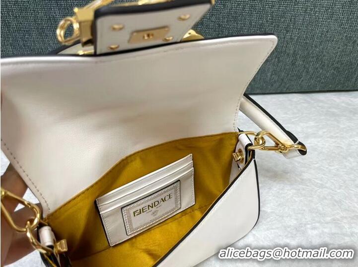 Top Grade Fendi Brooch mini baguette Fendace leather bag 8BS066A white