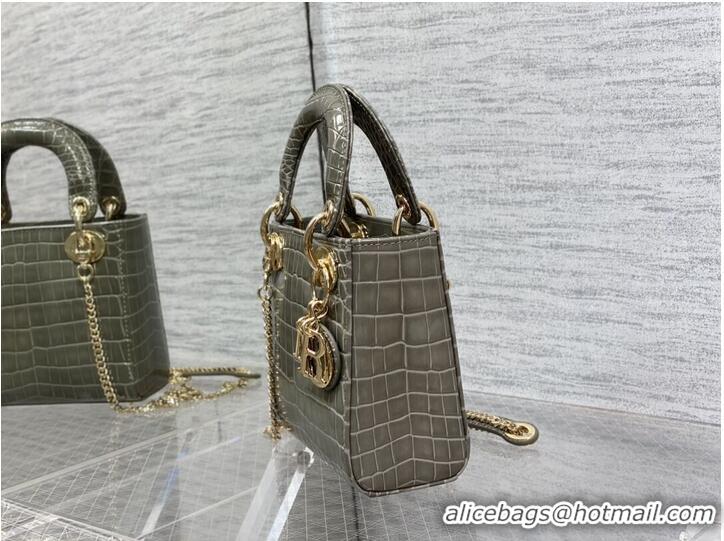 Pretty Style MINI LADY DIOR BAG Cannage crocodile Calfskin C0966 gray