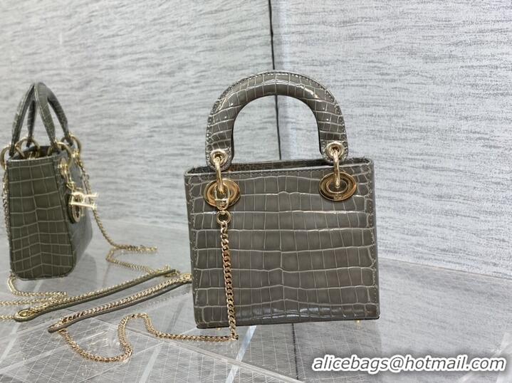 Pretty Style MINI LADY DIOR BAG Cannage crocodile Calfskin C0966 gray