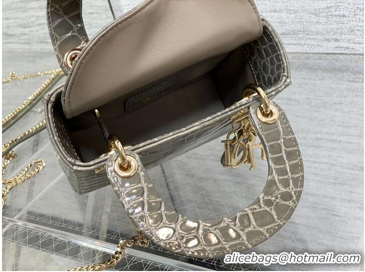 Pretty Style MINI LADY DIOR BAG Cannage crocodile Calfskin C0966 gray