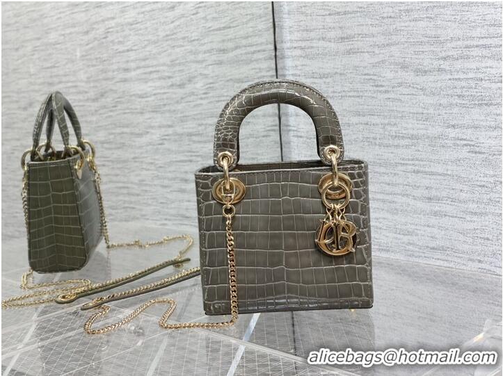 Pretty Style MINI LADY DIOR BAG Cannage crocodile Calfskin C0966 gray