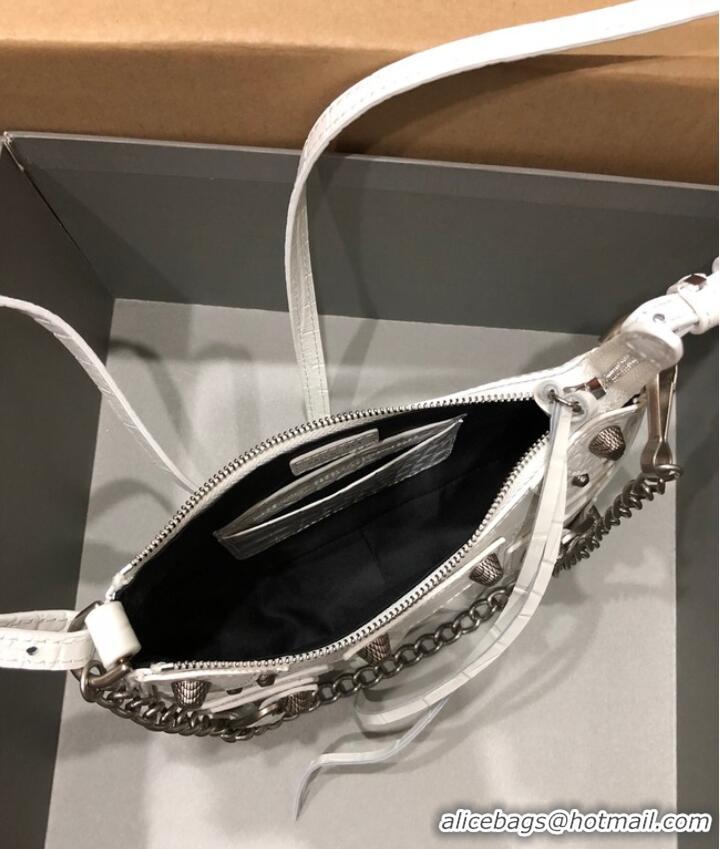 Shop Fashion Balenciaga LE CAGOLE MINI PURSE WITH CHAIN CROCODILE EMBOSSED 9016 white