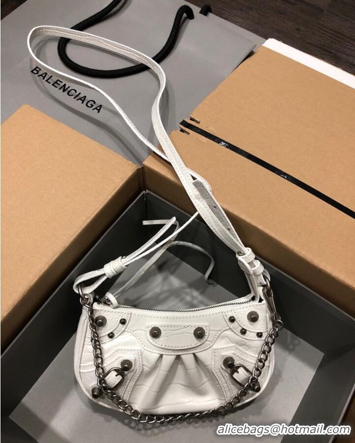 Shop Fashion Balenciaga LE CAGOLE MINI PURSE WITH CHAIN CROCODILE EMBOSSED 9016 white