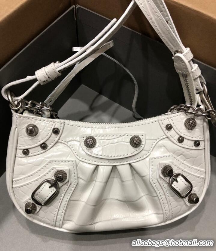 Shop Fashion Balenciaga LE CAGOLE MINI PURSE WITH CHAIN CROCODILE EMBOSSED 9016 white