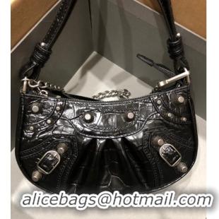 Top Quality Balenciaga LE CAGOLE MINI PURSE WITH CHAIN CROCODILE EMBOSSED 9016 black